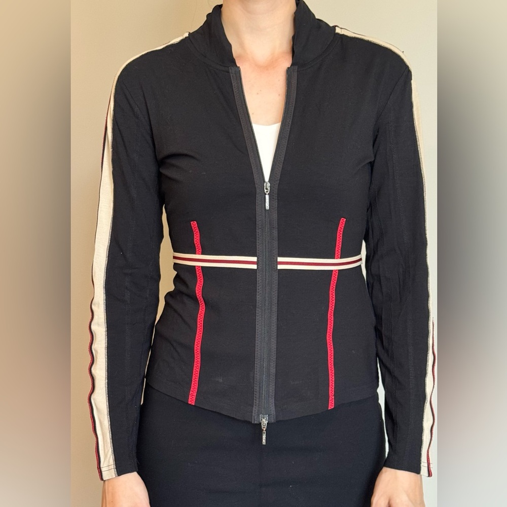 Black Zip-Up cardigan with Red and White Stripes